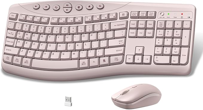 Wireless Keyboard and Mouse Combo, 2.4G Quiet Ergonomic Curved Keys(Pink)