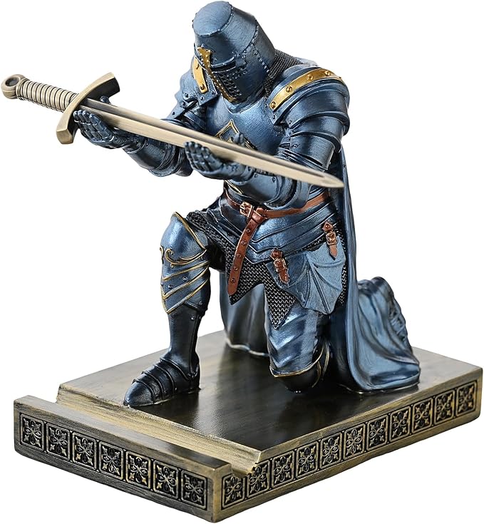 Medieval Templar Vanguard Officer Knight Pen Holder Desk Organizers Blue | Pencil Stand Paperweight Desktop Decoration Accessories Cell Phone Stand with a Fancy Sword for Medieval Warrior Enthusiast