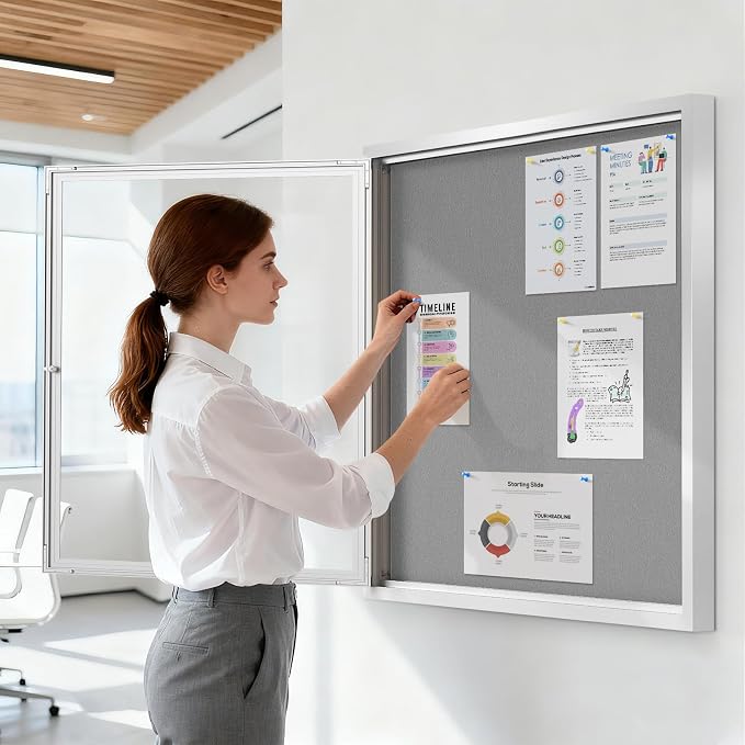 SWANCROWN 39x37 in Outdoor Bulletin Board Wall Notice Board, Grey Felt | Enclosed, Lockable, Weatherproof, Shatterproof, Silver Aluminum Frame, Display Board for Office School Business Community