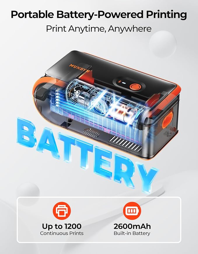 MUNBYN MC240 Bluetooth Thermal Label Printer, Portable Wireless 4×6 | Rechargeable battery, Bluetooth & USB connectivity, 4×6 label support, ink-free printing, built-in paper bin