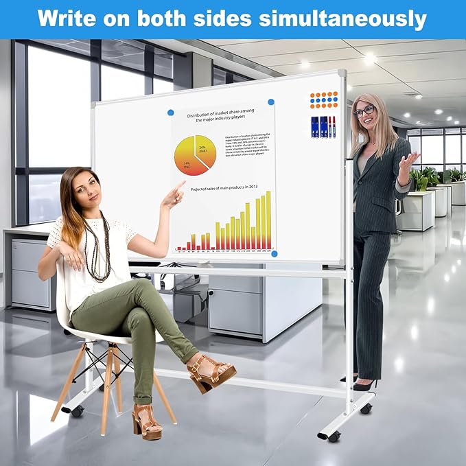 Magnetic Dry Erase White Board with Stands 60 x 40 Inch, Double-Sided 5' x 3' Large Rolling Whiteboard on Wheels Mobile Whiteboard Portable Stand Up White Board for Office, School, Home