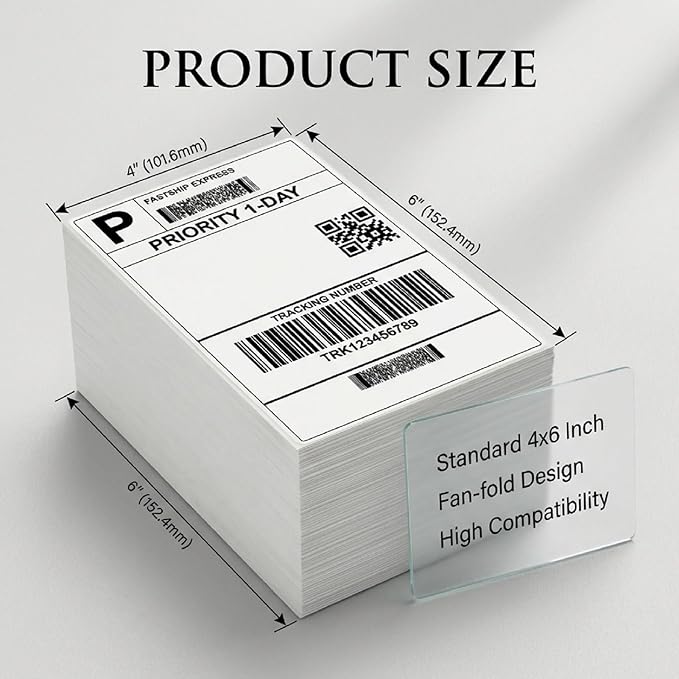 Thermal Direct Shipping Label - 4x6 Inches - 600 Sheets Fanfold Perforated 1 Stack - Waterproof - Compatible with Zebra Rollo Brother Printers - Commercial Grade