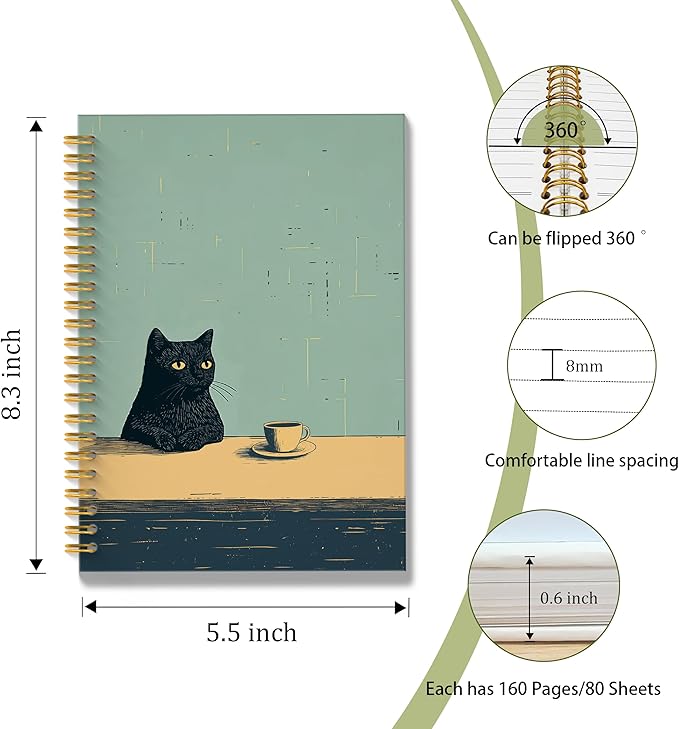 Vintage Coffee Black Cat Spiral Notebook, Black Cat Gifts Journal, Cats Lovers Mom Lady Gifts Journal Notebook, 5.5x8.3 Inch