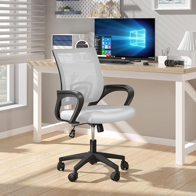 Home Office Chair, Ergonomic Mid-Back Mesh Desk Chair with Lumbar Support, Adjustable Swivel Rolling Design, Comfy Armrest for Work, Study, Gaming, Vanity (White, Double Chair)
