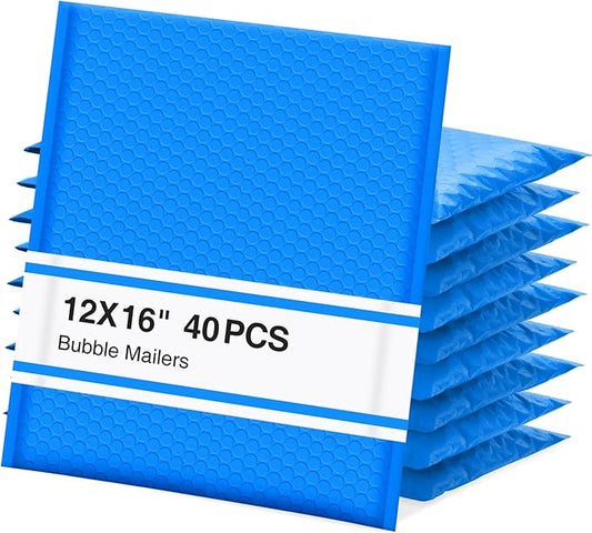 UCGOU Bubble Mailers 12x16 Inch 40 Pack Usable Size 12x15 Inch Large Padded Envelopes Blue Waterproof Packaging Bags for Shipping Self Seal Strong Adhesion Envelopes for Jewelry Makeup Supplies