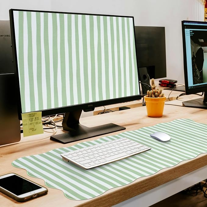 L-SPOUTTO Green Striped Mouse Pad,Scalloped Desk Mat XXL Large Geometric Gaming Mousepad,35.4x15.7in Non-Slip Rubber Base Keyboard Pad Waterproof Desktop Mat for Laptop Computer Game Home Office