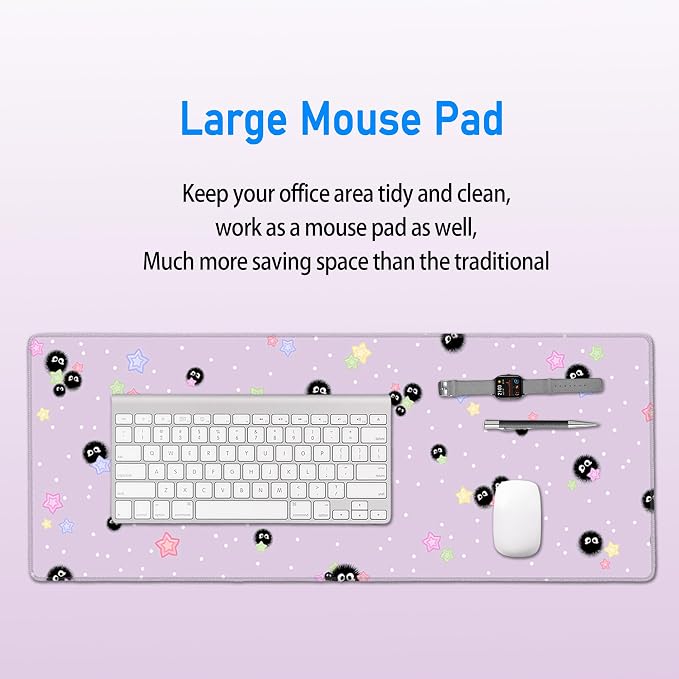Cute Purple Mouse Pad,Large Kawaii Gaming Desk Mat 31.5 x 12 in | Star Sea Urchin Anime Lilac Decor Mousepad for Girls Women,Pastel Lavender Extended Girly Deskmat with Stitched Edges