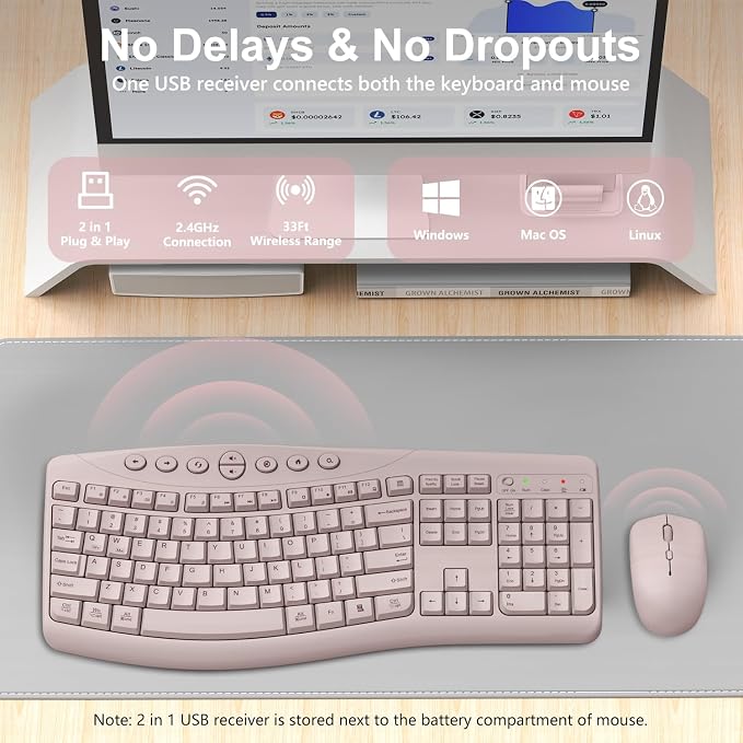Wireless Keyboard and Mouse Combo, 2.4G Quiet Ergonomic Curved Keys(Pink)