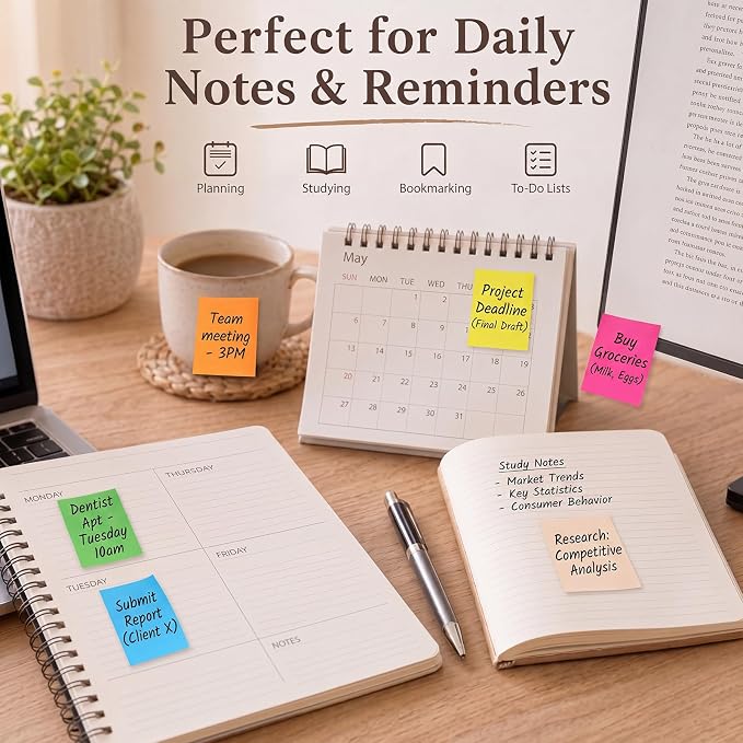 Fainne 120 Pads Sticky Notes Bulk 1.5x2,Simple Style,Bright Color,120 Pads | Bulk Mini Posted Pads, 50 Sheets Each, Self Stick Memo Paper for Office School Notebook, Bright Assorted Colors