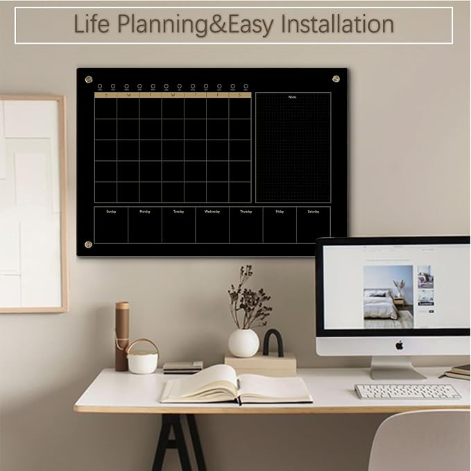 Black Glass 3-1 Monthly Dry Erase Calendar Whiteboard for Wall,24"x 36",Frameless Mounting,Office/School/Home, Frameless Large Planner White Board