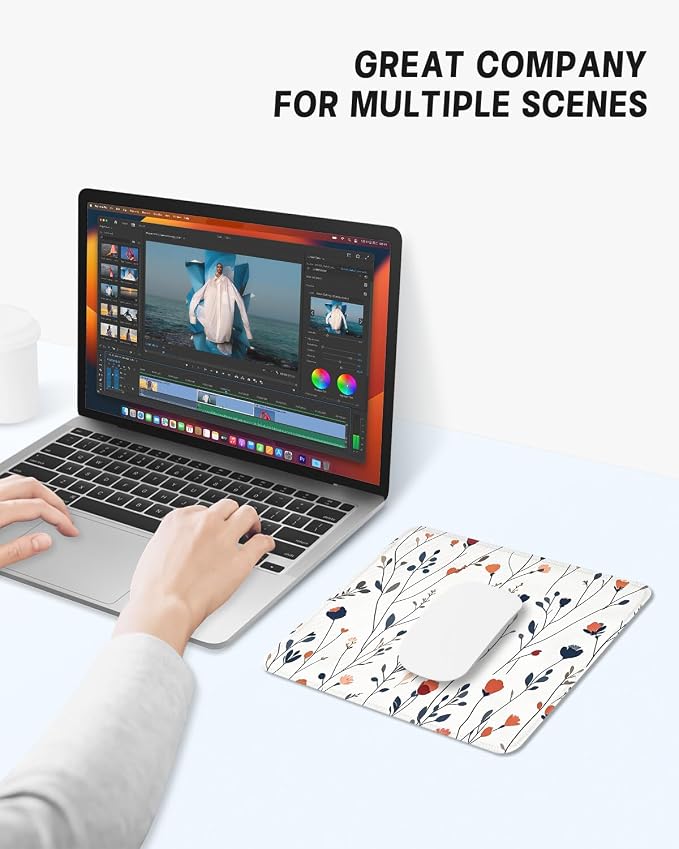 Mouse Pad, Cute Mouse Mat, 10" x 8", White Flower | Square Waterproof Gaming Computer Mat, Textured Top, Stitched Edges, Non-Slip Rubber Base for Office Home Laptop Keyboard