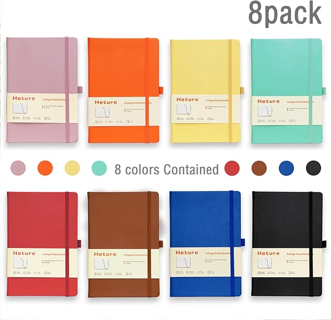 8 Pack Lined Journal Notebooks, A5 Hardcover Notebooks, 5.5 x 8.3 inch, 100GSM,160 Pages, Classic College Ruled Notebooks for Writing/Work/Travel/College (Assorted Color)