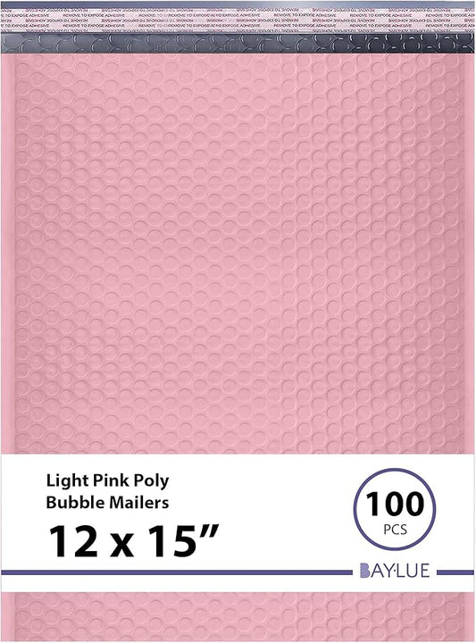 Light Pink Large Poly Bubble Mailers 12x15 inch | Self Seal Padded Envelopes Cushioned Bubble Mailer | Usable Size 12x15 | WaterProof | Lightweight mailing Shipping Bags | 100 Pack Bulk