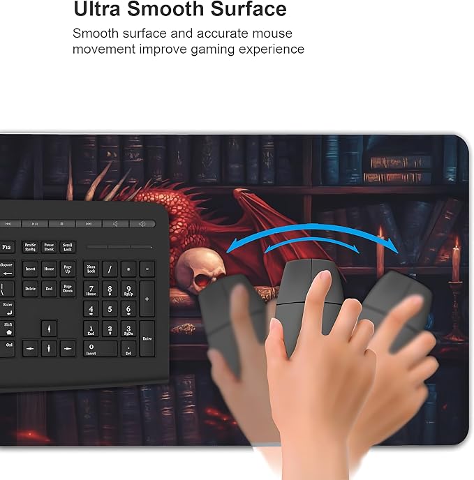Aesthetic Dragon Gaming Mouse Pad, Ink Blue Red Mystical Desk Mat with Anti-Slip Base & Stitched Edges, Office & Home Desk Decor for Women, 35.4" x 15.7" in Computer Desktop Mat