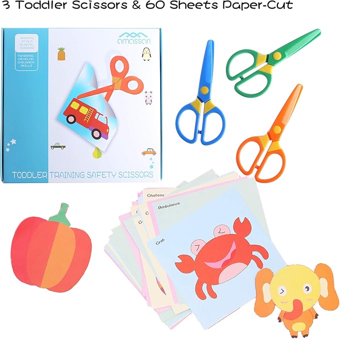 3-Pack Toddler Safety Scissors Kit - Child-Safe Preschool Training Scissors & 60 Sheets Craft Paper | Ergonomic Blunt Tips, Early Childhood Development Tools for Kids 2-5 Years