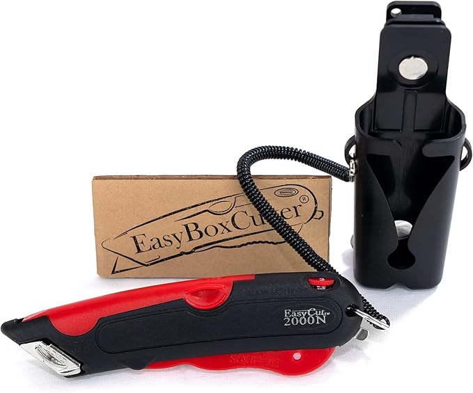 Modern Box Cutter, Extra Tape Cutter at Back, Dual Side Edge Guide, 3 Blade Depth Setting, 2 Blades and Holster - 2000 Red STD