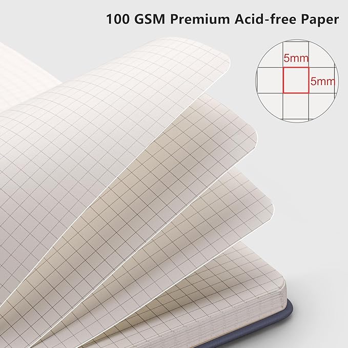 RETTACY Graph Grid Paper Notebook, 2-Pack, 192 Pages per Pack, A5 Medium Size (5.7'' x 8.3''), Leather Hardcover, 100 GSM Thick Paper, for School, Students, Math, Engineering (Black & Navy Blue)