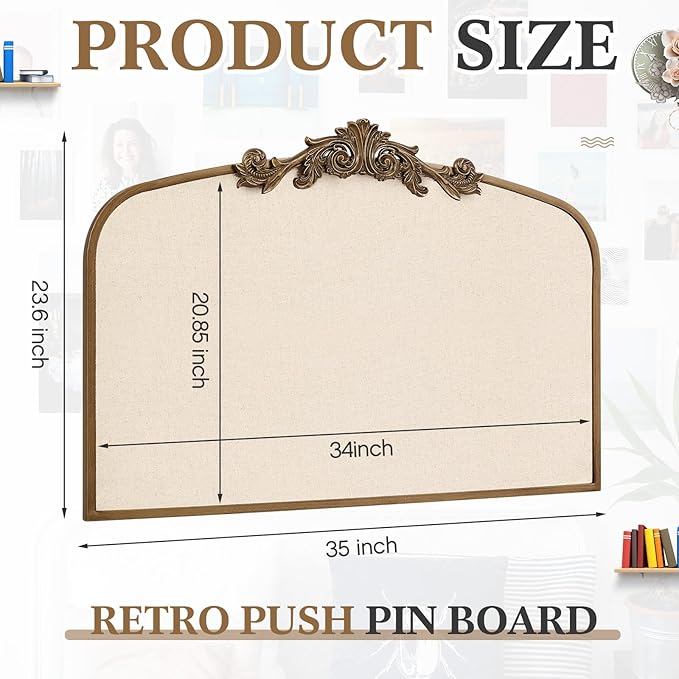 Vintage Framed Pin Board Linen Display Bulletin Board Large Ornate Fabric Picture Photo Pinboard Memo Decorative Prayer Pinboard Ornate for Wall Gift(Arch,23.6" X 35",Antique Golden)
