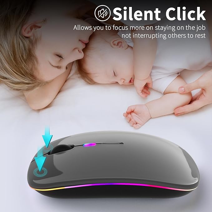 Wireless Bluetooth Mouse – Rechargeable, Silent, Dual Mode (Bluetooth 5.2 & USB) with LED Lights – Portable for Laptop, Desktop, & Tablet(Grey)