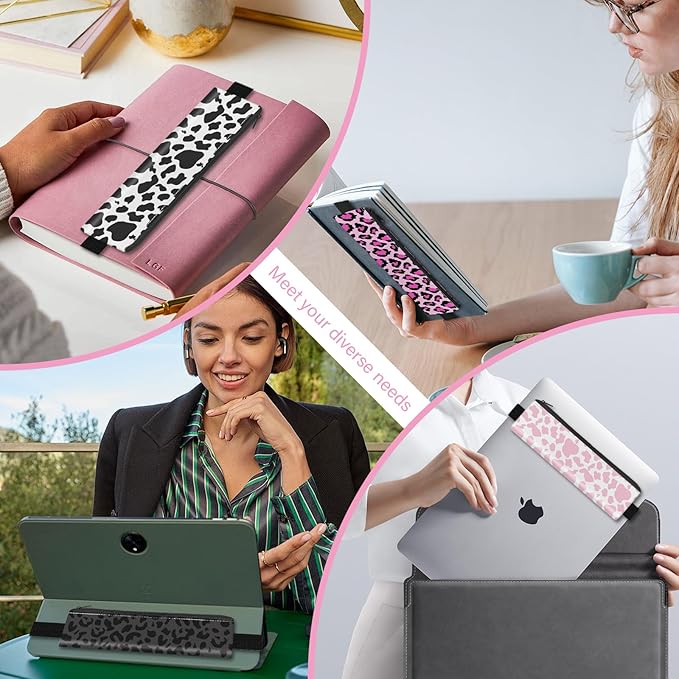4 Pack Elastic Pen Holder for Notebook, Prints Pen Pouch with Elastic Band and Zipper, Leather Pen Holder for Planners, Journals, Book