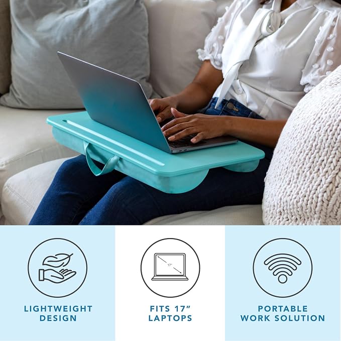 LAPGEAR The Original Lap Desk – Aqua Sky, Fits 17" Laptops | Microbead Cushion, Device Ledge, Built-In Pencil Tray, Carry Handle