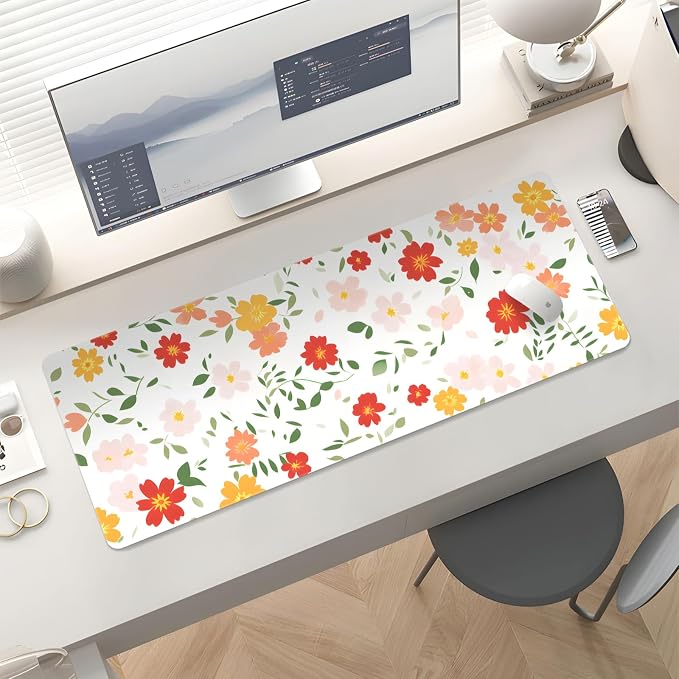 Mousepad Desk Mat Gaming Large Keyboard Cute Office Desktop Computer Laptop XXL Long Big Kawaii Aesthetic Girly Pretty Design Women Girl Gamer Oversized Wide 30x12'' Mousepad, Red Floral