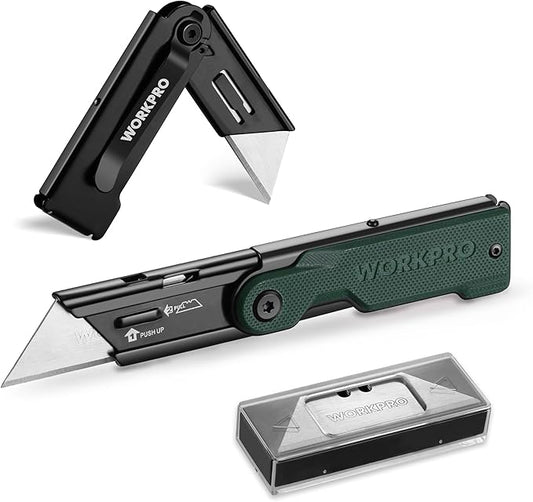 WORKPRO Folding Utility Knife with 10 Extra SK5 Blades, EDC Razor Sharp Knife with G10 Handle, Quick Change Box Cutter with Belt Clip, for Heavy Duty, DIY, Home, Office & Artcraft Use - Green