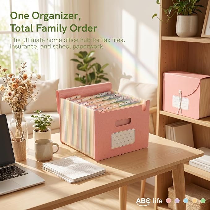 ABC life 26 Pockets Accordion File Organizer, Blush Pink | Expanding File Folder for Letter/A4 Size, Portable Document Holder with A-Z Tabs for Tax Receipt, School, Home, Office