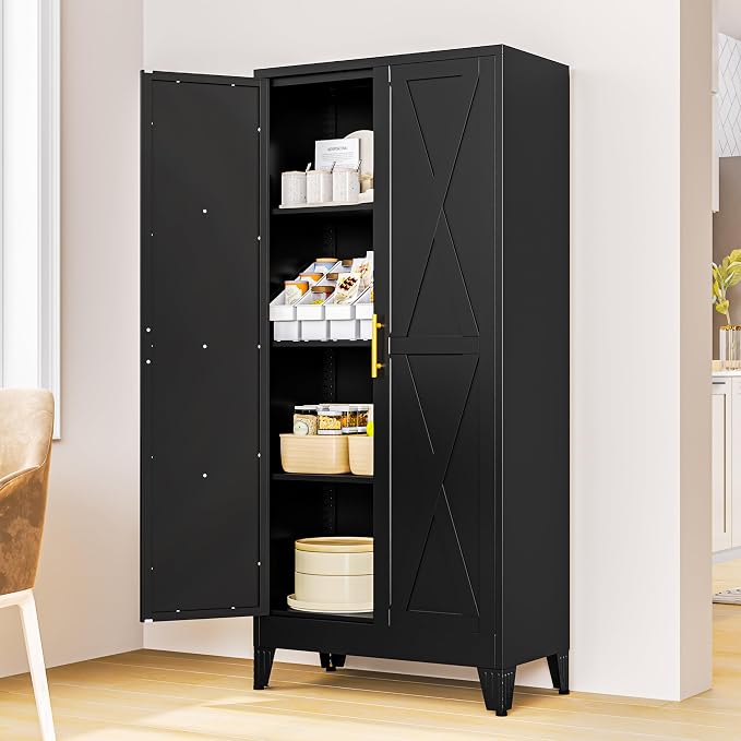 PAOFIN 61" H Kitchen Storage Cabinet with Doors | Freestanding Pantry Cabinet,Farmhouse Food Storage Cabinets,Tall Cabinets for Kitchen, Dining Room, Living Room(Black)
