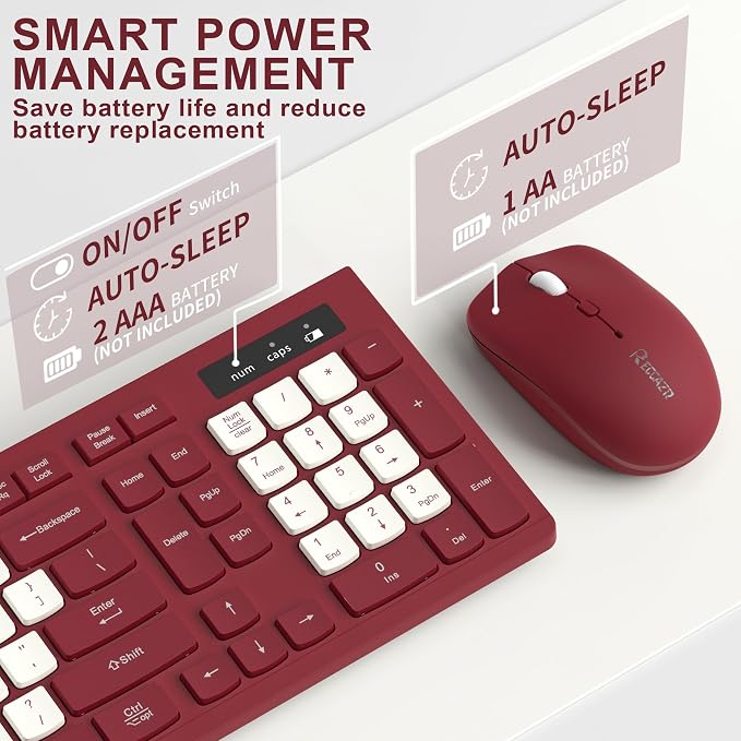 Wireless Keyboard and Mouse Combo Silent for Office and Home(Wine Red-B) | 2.4G Full Size Silent Cordless Keyboard with Tilt Legs,3-Level DPI Quiet Mouse,for Windows/Mac OS/Desktop/Laptop/PC