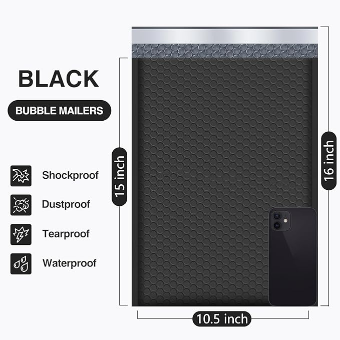 UCGOU Bubble Mailers 10.5x16 Inch 40 Pack Usable Size 10.5x15 Inch Large Padded Envelopes Black Waterproof Packaging Bags for Shipping Self Seal Strong Adhesion Envelopes for Jewelry Makeup Supplies