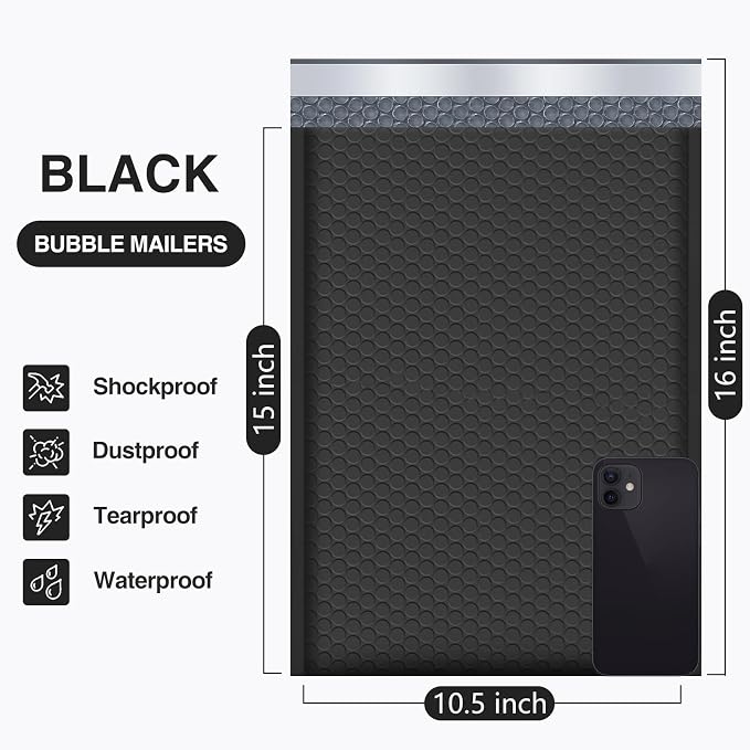 UCGOU Bubble Mailers 10.5x16" 40 Pack Usable Size 10.5x15" Black Padded | Waterproof Self Seal Adhesive Large Padded Envelopes for Small Business Bubble Packaging Envelopes for Mailing Jewelry Makeup