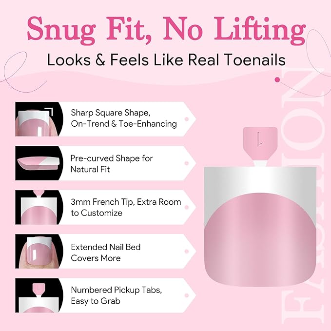 Press On Toenails for Women French Tips, Sharp Square Pre-applied Primer & Base Coat Toe Nail Press Ons Baby Pink Full Cover Fake Tips Extension 15 Sizes 270 Pcs