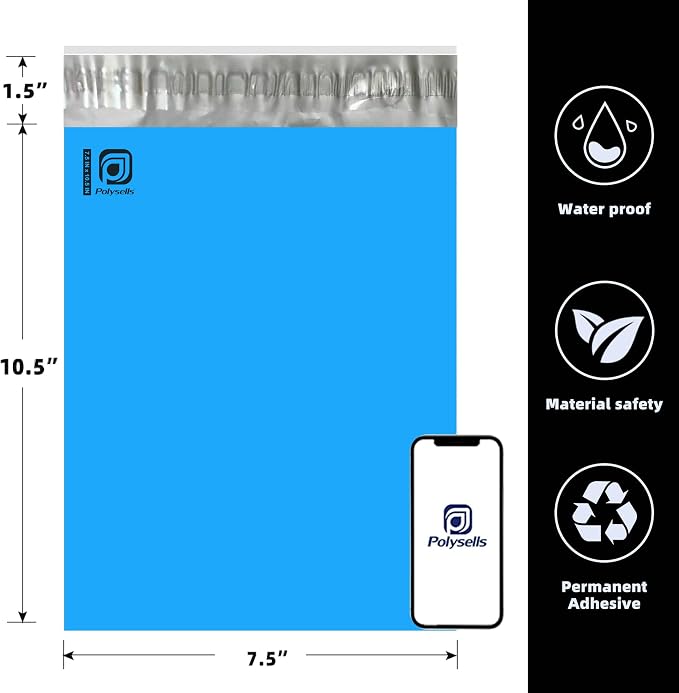 POLYSELLS 200 pcs 7.5x10.5 Inches Blue Poly Mailers Shipping Envelopes, Strong Adhesive Sealing, Waterproof, and Tear-resistant Postal Mailing Bags for Small Business, Clothes, Non-Fragile Items