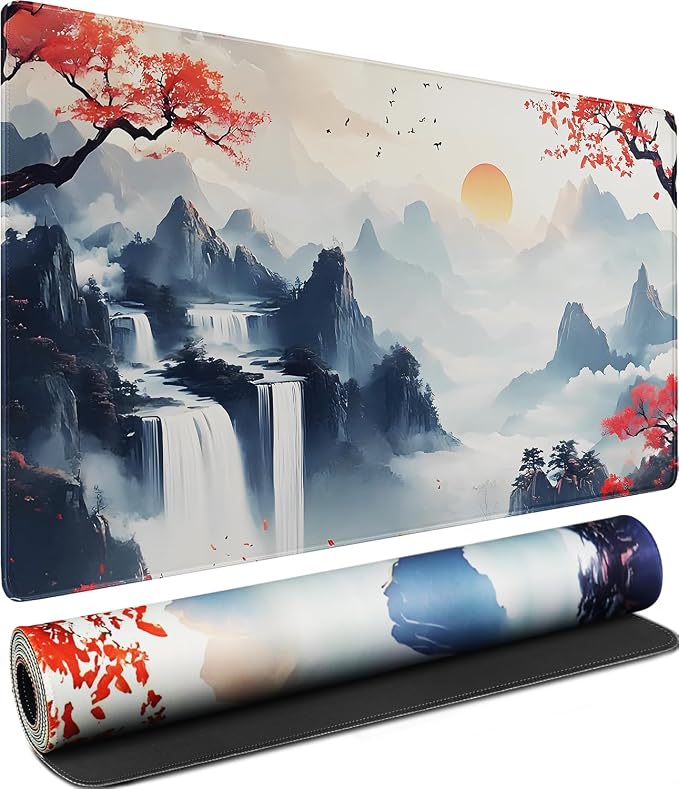 Large Gaming Mousepad, Waterproof Extra Large Mouse Pad with Stitched Edges, 31.5" x 15.7" Non-Slip Rubber Base Office Big Long Keyboard Pad for Office Gamer Home XXL, (Mountains Waters)