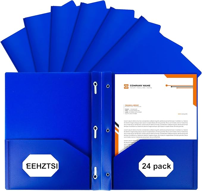 24-Pack Plastic Folders with Pockets and Prongs,2-Pocket Folders with 3 Fasteners, Holds 8-1/2" x 11" Paper for School/Office/Home, Blue