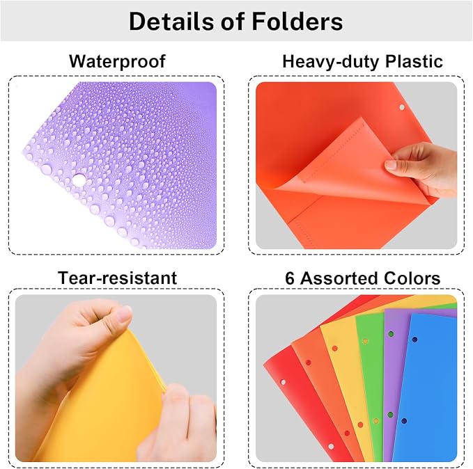 12 Pack Folders with Pockets, Plastic 3 Hole Punched Binder Folders with Business Card Holder, Colored Decorative File Folders for Documents, Filing Cabinet, School, Office, Business | 6 Color, Decorative, File Folders, Business Card Holder, for Docume...
