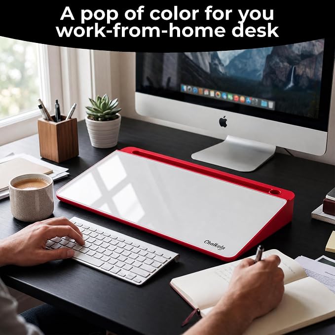 Chalkola Red/White Glass Desktop Whiteboard with Storage, Dry Erase Board | Work Desk Organizers, Computer Keyboard Stand, Home Office Desk Accessories, Workspace Deskboard Buddy, Small White Board