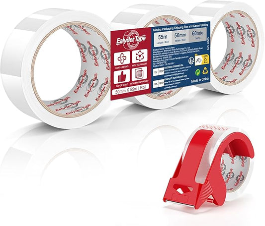 Transparent Packing Tape 2 inch x 60 Yards, 3 Rolls with Dispenser – Clear Heavy-Duty Parcel Tape for Secure Packaging, Total 180 Yards
