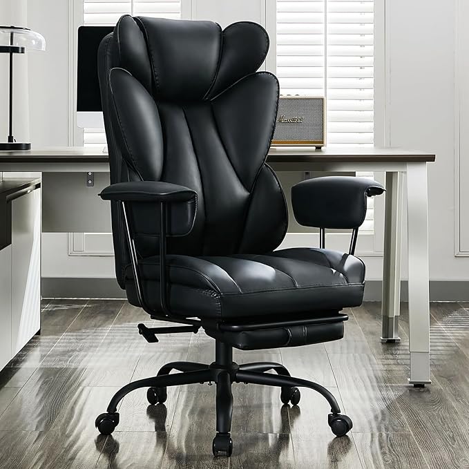 LukkDys Big and Tall Office Chair,High Back Leather Gaming Chair with Footrest,Lumbar Support,Outward Fixed Soft Armrests,Wide Ergonomic Desk Chair (Black)