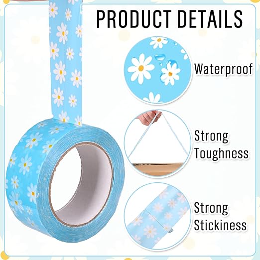 Whaline 109 Yard Groovy Daisy Packing Tape Gift Wrapping Tape Blue White Boho Spring Flower Pattern Tapes for Small Business DIY Crafts Carton Decor