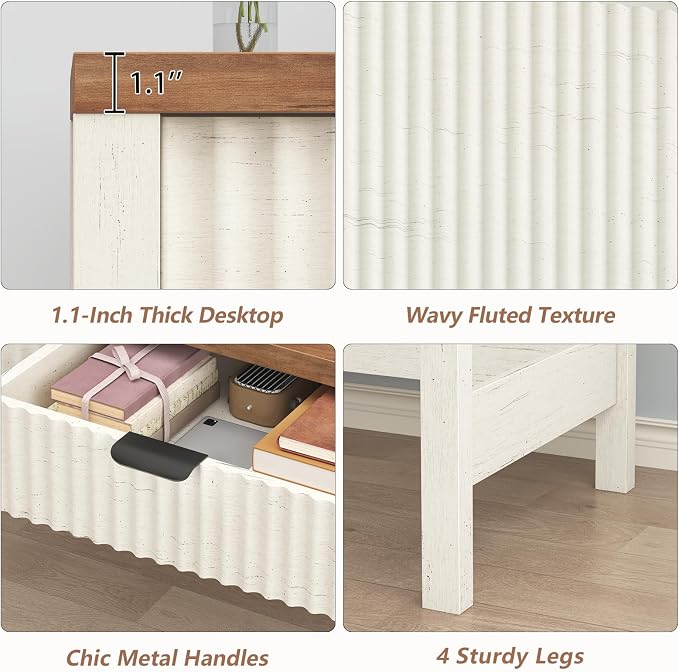 47 Inch Small Fluted Computer Desk with 2 Drawers for Bedroom, Home Office | Small Computer Desk with Storage, Compact Writing Study Desk for Small Spaces