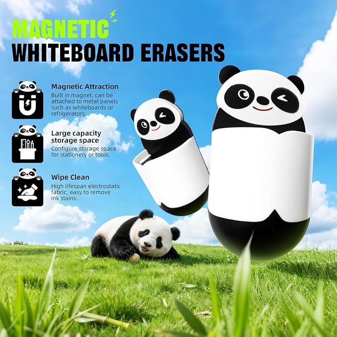 Cute Panda Magnetic Pen Holder, Strong Magnet for Glass Whiteboard, Refrigerator & Locker - Marker Organizer, Dry Erase Marker Holder for School, Home & Office (Black/White)