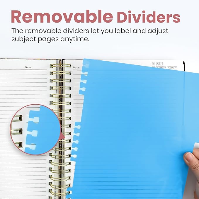 Large Spiral Lined Notebooks for Work with Removable Dividers & Tabs, 8.5"x11" Pretty Hardcover 5 Subject Notebook Journal for Women, College Ruled, Perfect for Study & Office Organization, 280 Pages, Vintage Iris