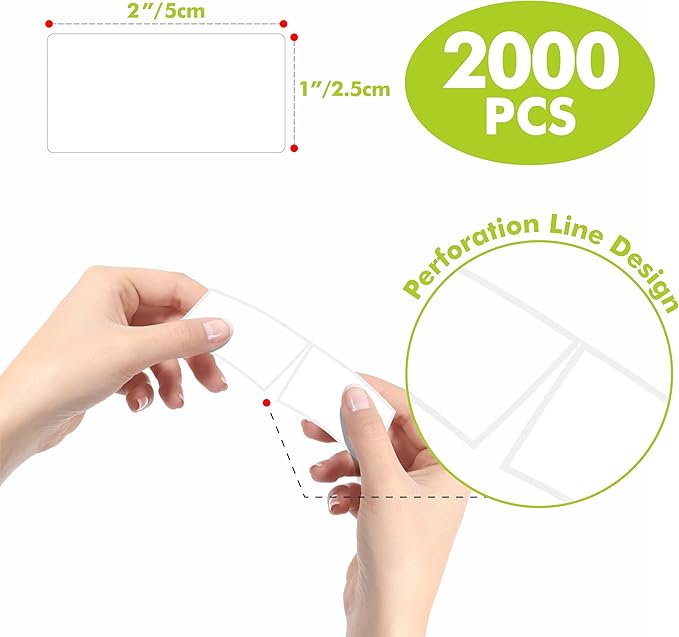 2000 Removable Freezer Labels, Water/Oil/Tear Resistant Blank Food Stickers with Perforation Line for Refrigerator, Food Containers, Jars, Pantry Organization (1” x 2”, 2 Rolls)