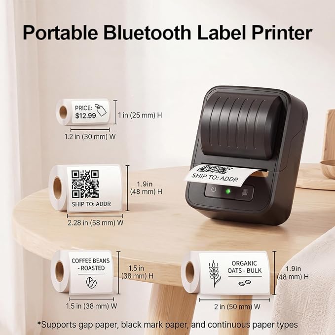 Label Maker Machine with Tape, Bluetooth 2 Inch Thermal Label Printer | Bluetooth Portable Inkless Sticker Printer for Small Business, Home, School & Office Organization, Includes 1 Label Roll