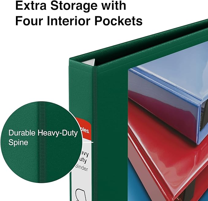 Staples Heavy-Duty 1-Inch D-Ring View Binder, Reinforced Spine, Holds Up to 275 Sheets, Green, for Office & School