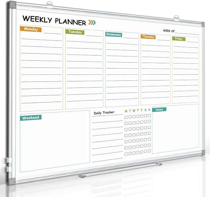 Weekly Dry Erase Calendar Whiteboard with Corkboard, 24" x 18", Silver | Magnetic, White Board Cork Board Combo, Double Sided, Wall Mounted, Aluminum Frame, for Home, Office, Kitchen, Dorm