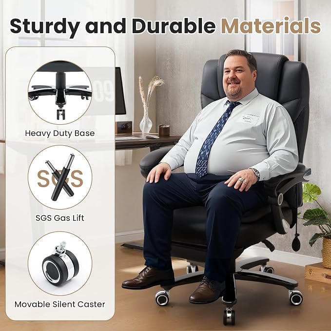 650lbs Big and Tall Office Chair Support for Heavy People,Reclining Executive Office Desk Chair with Foot Rest,Ergonomic High Back PU Leather Computer Chair with Adjustable Lumbar Support,Black