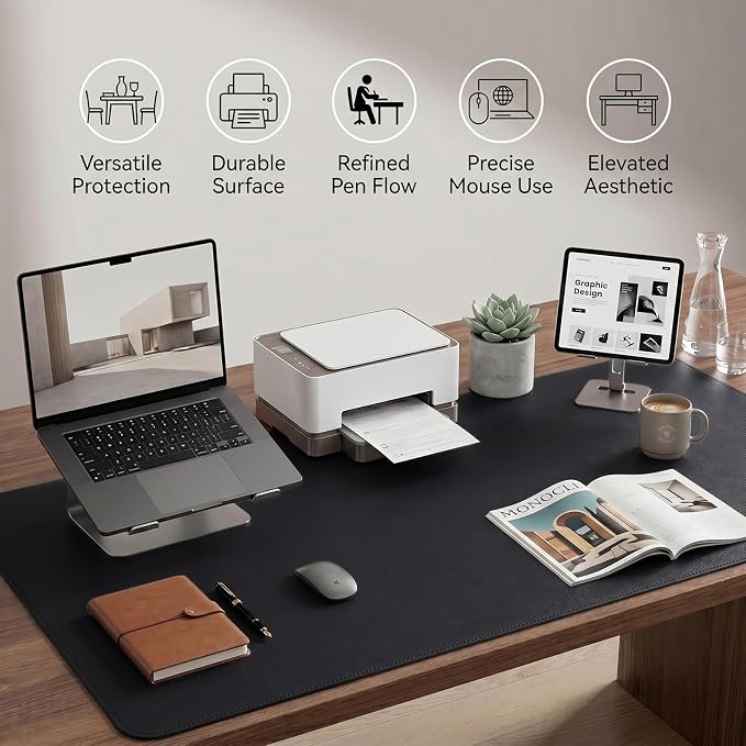 Large Desk Pad Non-Slip Desk Mat Protector for Keyboard Mouse Waterproof Vegan Leather Surface Faux Leather Laptop Mat Smooth Mouse Pad Premium Gift Tube Obsidian Black 23.6" x 13.7"